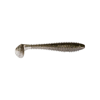 The Keitech Swing Impact Fat Swimbait 3.8" is a soft plastic bait with a ribbed body, paddle tail, and a silver and black glitter finish, isolated on a white background.
