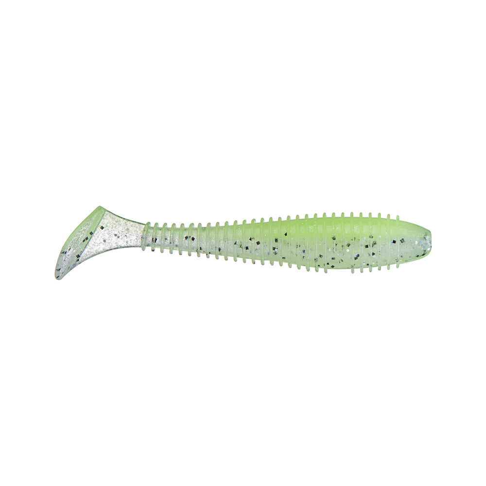 The Keitech Swing Impact Fat Swimbait 3.3" by Keitech is a soft, ribbed, light green plastic bait with black speckles and a paddle tail, designed to mimic real baitfish and attract more bites.