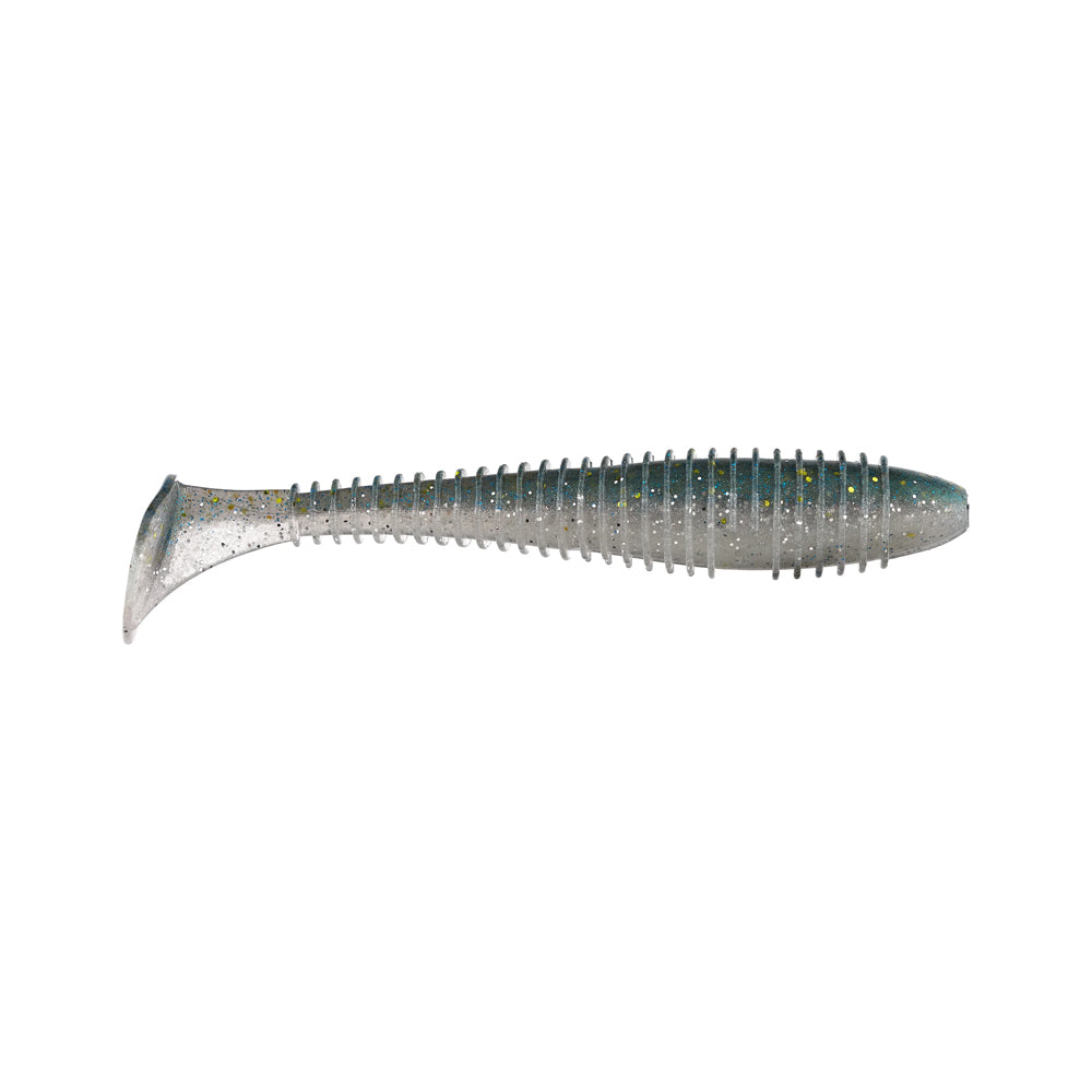 The Keitech Swing Impact Fat Swimbait 4.3" 6pk by Keitech is a soft plastic lure shaped like a small fish, with a ribbed body, paddle tail, and silver-green glitter finish for lifelike action.