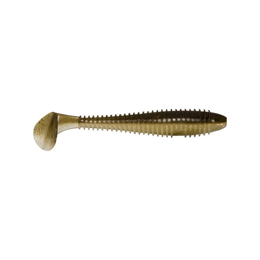 The Keitech Fat Swing Impact Swimbaits by Keitech feature a ribbed, elongated body and a paddle tail, offering optimal swimbait performance. Its metallic gold color enhances the realistic swimming action as it mimics a small fish against a crisp white backdrop.