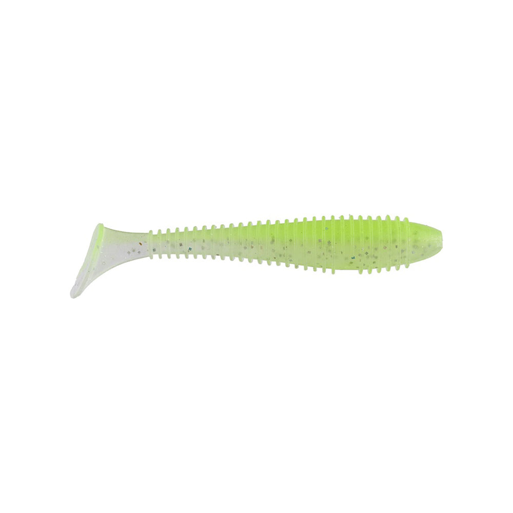 The Keitech Fat Swing Impact Swimbaits, by Keitech, are soft plastic lures with a ribbed texture. They feature a bright green color, translucent tail, and realistic fish shape for excellent swimbait performance. Pictured against a white background, they mimic natural swimming action effectively.
