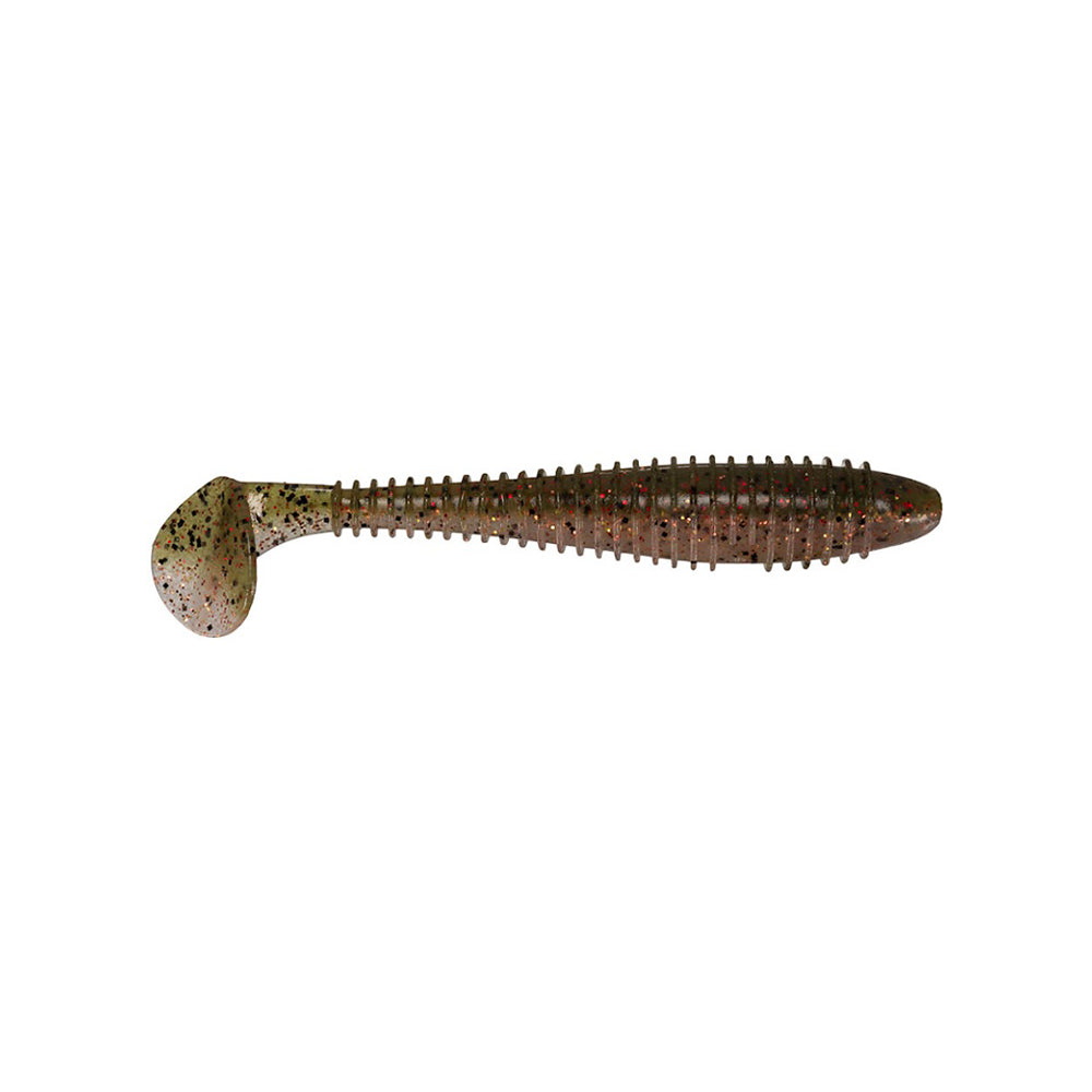The Keitech Fat Swing Impact Swimbaits, by Keitech, are soft plastic lures with a ribbed body and paddle tail. They feature a green-brown color with black speckles, offering exceptional swimbait performance with lifelike swimming action.