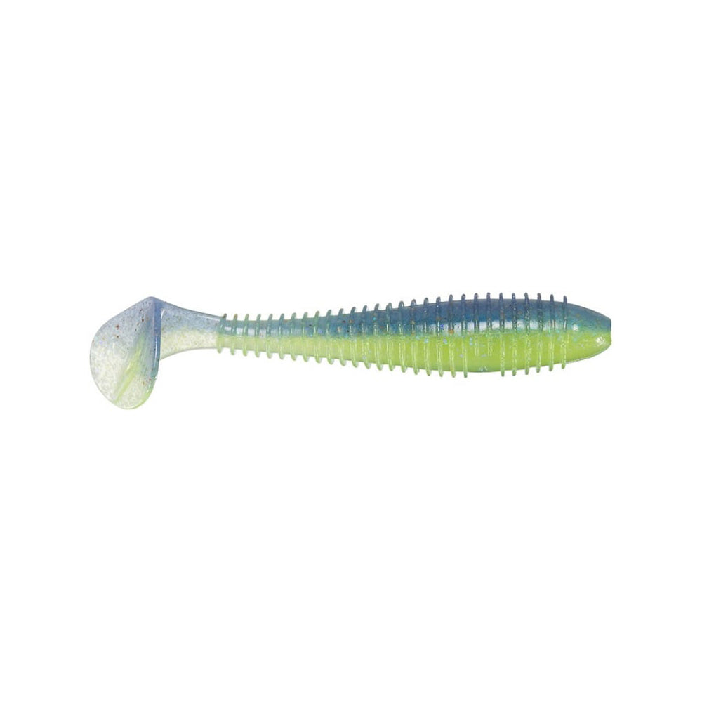 The Keitech Fat Swing Impact Swimbaits from Keitech are soft plastic lures shaped like small fish, featuring a green hue with blue near the tail. Their ribbed body and paddle tail deliver outstanding swimbait performance, mimicking real fish with lifelike swimming action in the water.