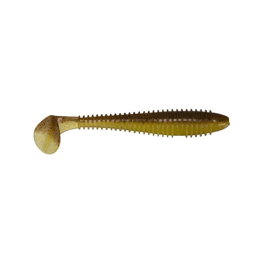 The Keitech Fat Swing Impact Swimbaits, with a green ribbed soft plastic and paddle tail, offer remarkable swimbait performance. Expertly designed to mimic a small fish's swimming action, they are beautifully showcased on a white background.