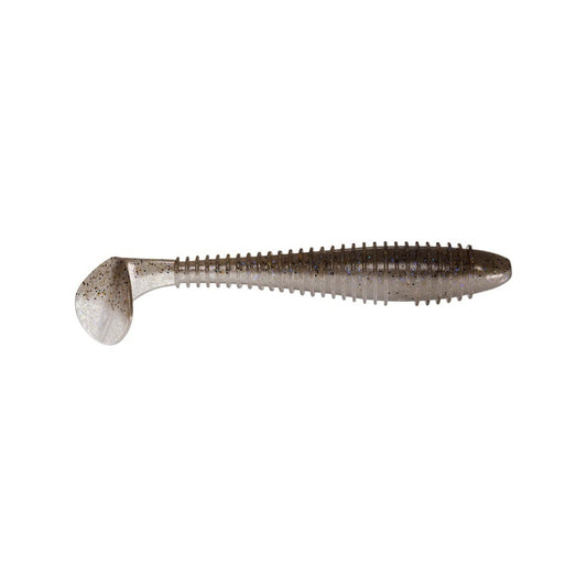 This gray Keitech Fat Swing Impact Swimbait, featuring black speckles, a streamlined ribbed body, and a curved paddle tail, exhibits superb swimming action against a plain white backdrop.
