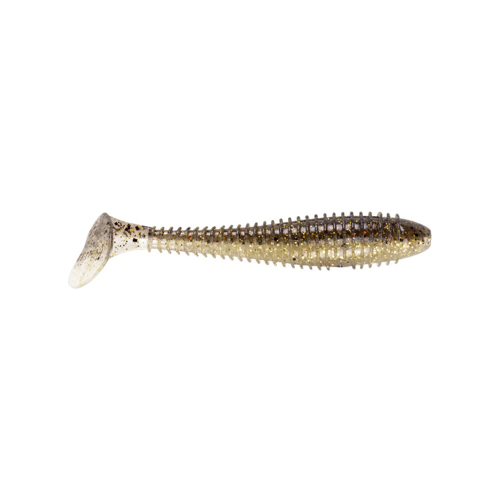 The Keitech Fat Swing Impact Swimbaits, isolated on a white background, feature a soft segmented body and paddle tail for enhanced swimming action. Their speckled, naturalistic color mimics small baitfish for exceptional performance.