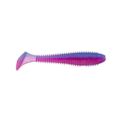The pink and purple soft plastic swimbait, similar to Keitech Fat Swing Impact Swimbaits by Keitech, has a ribbed body and paddle tail, offering outstanding performance on a white background.