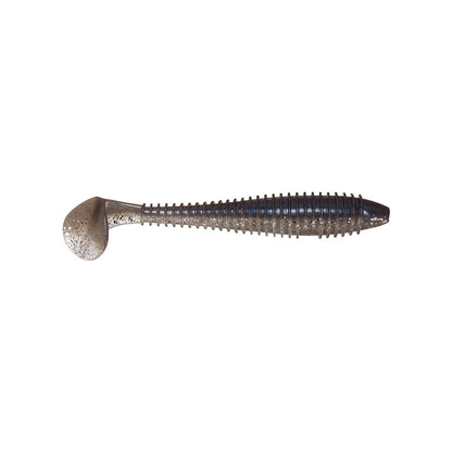 The silver and gray ribbed soft plastic fishing lure by Keitech, resembling the Fat Swing Impact Swimbaits, features a paddle-shaped tail that enhances swimbait performance with captivating swimming action.