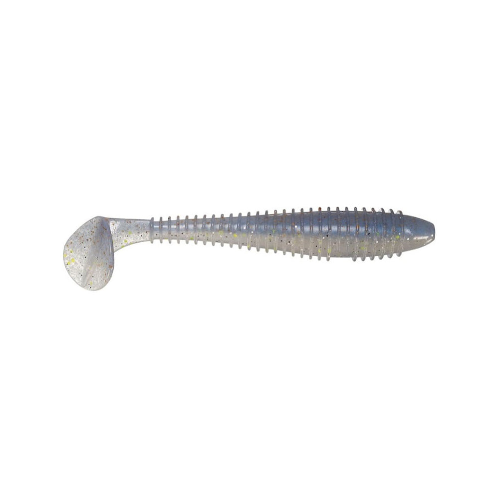 The Keitech Fat Swing Impact Swimbaits, by Keitech, features a ridged, elongated body and paddle tail. Its shiny, translucent appearance with sparkles perfectly mimics a baitfish's swimming action for remarkable swimbait performance.