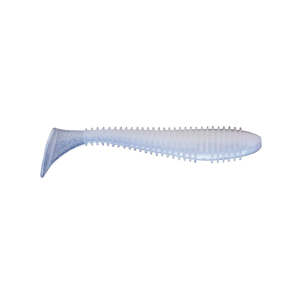 The Keitech Fat Swing Impact Swimbaits by Keitech is a soft plastic lure with a ribbed body and paddle-shaped tail, featuring a translucent light blue color that enhances its lifelike swimming action, mimicking baitfish. Ideal for those who appreciate the effectiveness of its unique design.