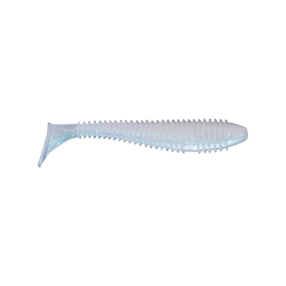The Keitech Fat Swing Impact Swimbaits by Keitech are soft plastic lures with a ribbed body and flat paddle tail. Their translucent, pearlescent look with blue and silver specks enhances swimming action for exceptional swimbait performance.