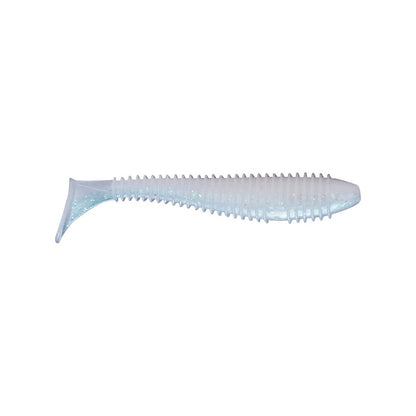 The Keitech Fat Swing Impact Swimbaits by Keitech are soft plastic lures with a ribbed body and flat paddle tail. Their translucent, pearlescent look with blue and silver specks enhances swimming action for exceptional swimbait performance.