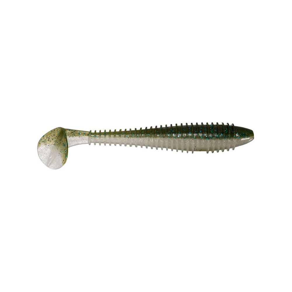 The Keitech Fat Swing Impact Swimbaits, by Keitech, are soft plastic lures with paddle tails and textured bodies in a greenish hue with blue speckles. They mimic a small fish's swim to irresistibly attract anglers.