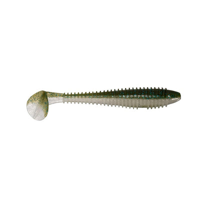The Keitech Fat Swing Impact Swimbaits, by Keitech, are soft plastic lures with paddle tails and textured bodies in a greenish hue with blue speckles. They mimic a small fish's swim to irresistibly attract anglers.