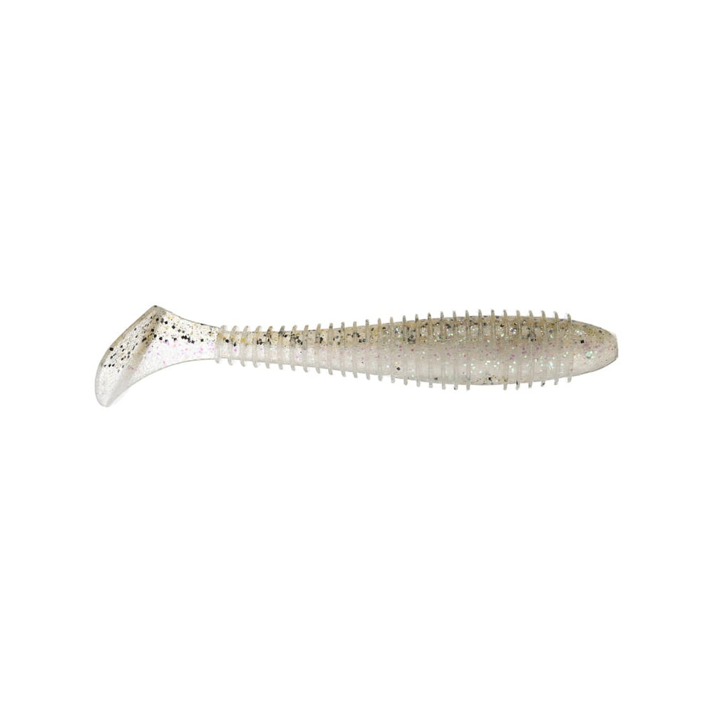 The Keitech Fat Swing Impact Swimbaits from Keitech are translucent soft plastic lures mimicking small fish, featuring ribbed bodies and paddle tails. Dotted with silver glitter, they enhance reflective swimming action in the water.