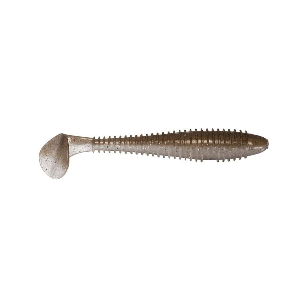 The Keitech Fat Swing Impact Swimbaits, by Keitech, feature a grey ribbed design with a paddle tail for exceptional performance and lifelike swimming action, showcased against a plain white background.