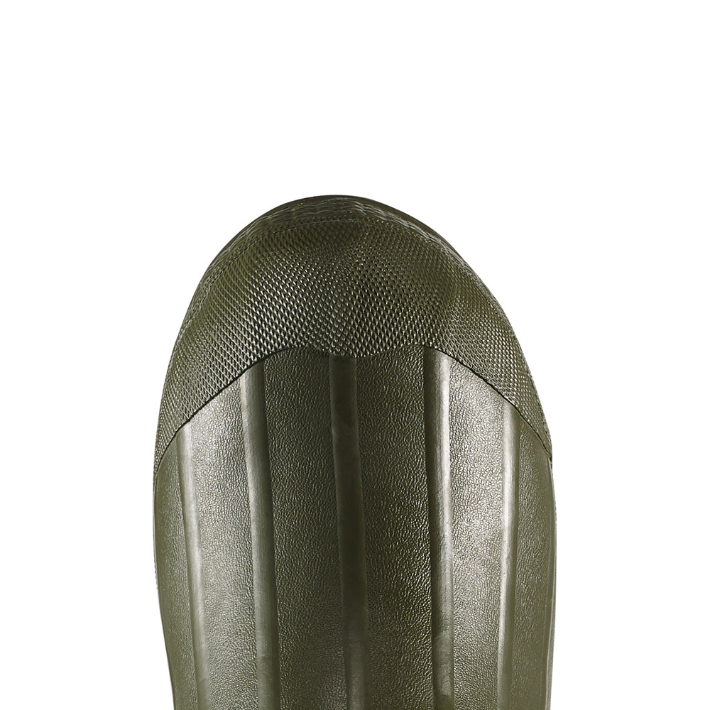 A close-up top view of the toe and upper of the Lacrosse Burly Rubber Boots Foam Insulated 18" shows green textured rubber with vertical ridges for waterproof protection, highlighting Lacrosse quality, photographed on a white background.