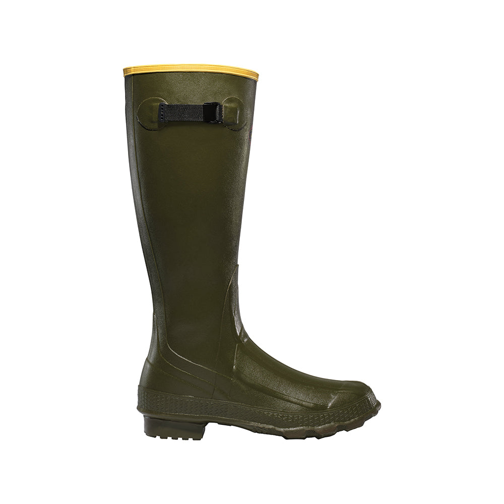 The Lacrosse Grange Rubber Boots 18" are tall, green boots featuring a textured sole, black adjustable strap near the top, and yellow trim at the opening, shown on a white background.