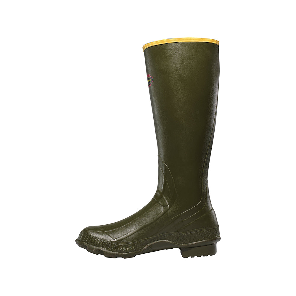 A single Lacrosse Grange Rubber Boot 18" in dark green with a yellow trim at the top and textured sole is shown in profile against a plain white background.