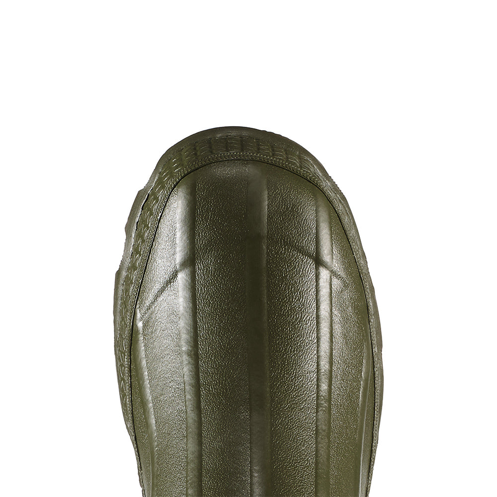 Close-up top view of the front part of Lacrosse Grange Rubber Boots 18" by Lacrosse, featuring a textured, ridged surface—perfect for anyone wanting durable waterproof rubber hunting boots.