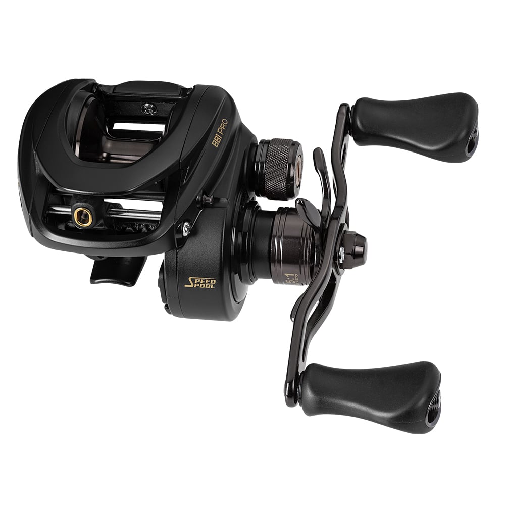 A Lew's BB1 Pro Casting Reel 7.5:1 Left Hand (PRO1SHL) in black, featuring two large handles, "BB1 PRO" and "Speed Spool" labels, and an adjustable centrifugal braking system, shown on a white background.