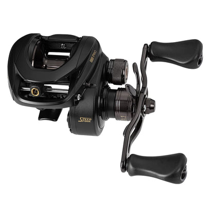 A Lew's BB1 Pro Casting Reel 7.5:1 Left Hand (PRO1SHL) in black, featuring two large handles, "BB1 PRO" and "Speed Spool" labels, and an adjustable centrifugal braking system, shown on a white background.