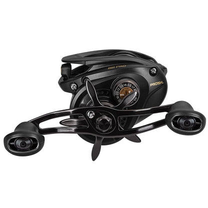 The Lew's BB1 Pro Casting Reel 7.5:1 Left Hand (PRO1SHL) in black with silver accents features a dual handle, adjustment dial, and adjustable centrifugal brake for precise casting control.