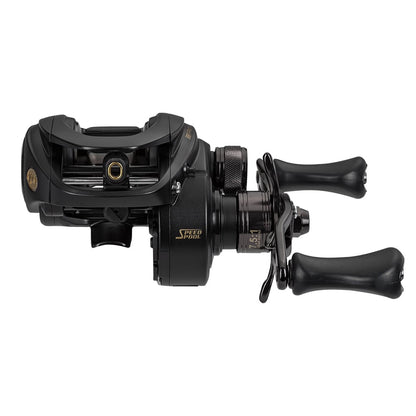 The Lew's BB1 Pro Casting Reel 6.2:1 Left Hand (PRO1HL) is shown in black with dual handles and gold accents, highlighting its baitcasting reel design and adjustable centrifugal braking system against a white background.