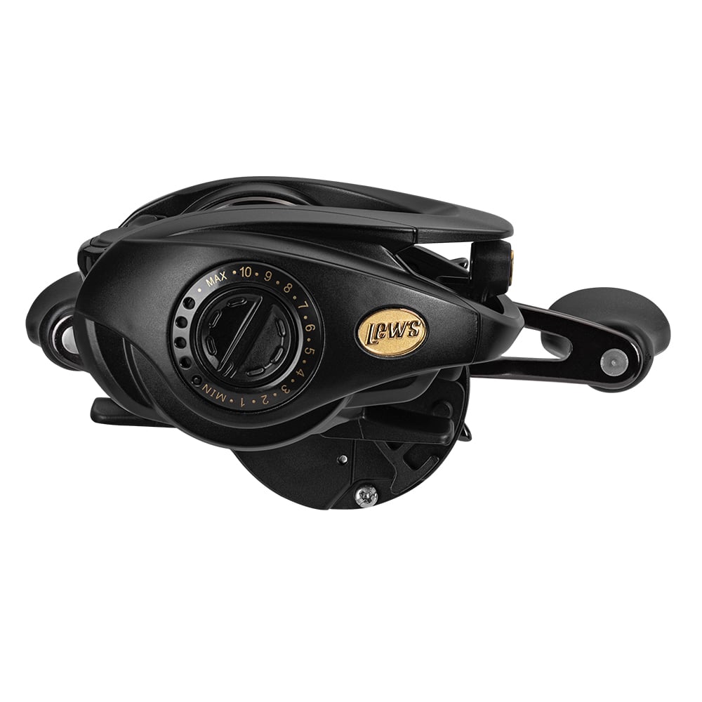 The Lew's BB1 Pro Casting Reel 6.2:1 Left Hand | PRO1HL features a black body, adjustable centrifugal braking system, left-side handle, adjustment dial, and gold "DWS" logo, shown against a white background.