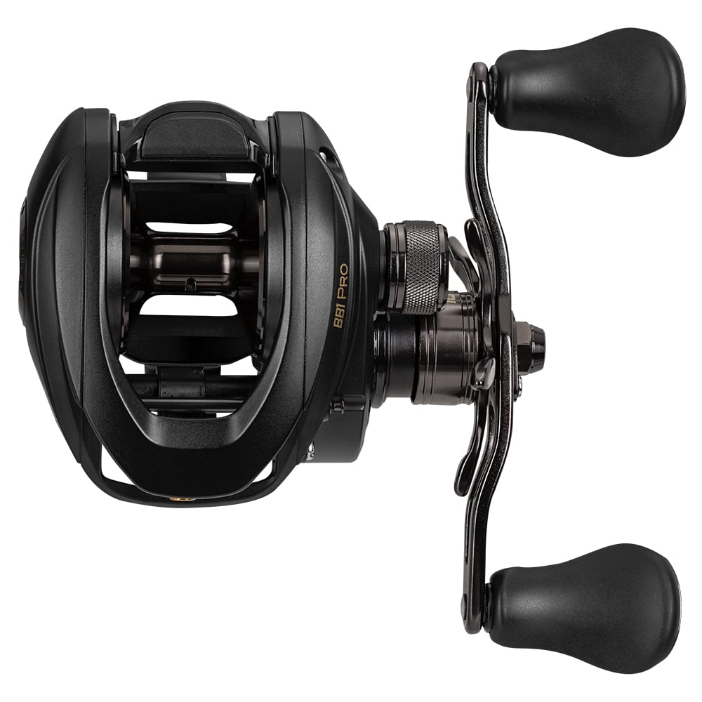 The Lew's BB1 Pro Casting Reel 7.5:1 Left Hand | PRO1SHL features a sleek black design with dual handles, "B.B1 PRO" branding, and an adjustable centrifugal braking system for enhanced control.