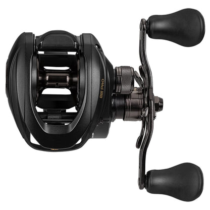 The Lew's BB1 Pro Casting Reel 7.5:1 Left Hand | PRO1SHL features a sleek black design with dual handles, "B.B1 PRO" branding, and an adjustable centrifugal braking system for enhanced control.