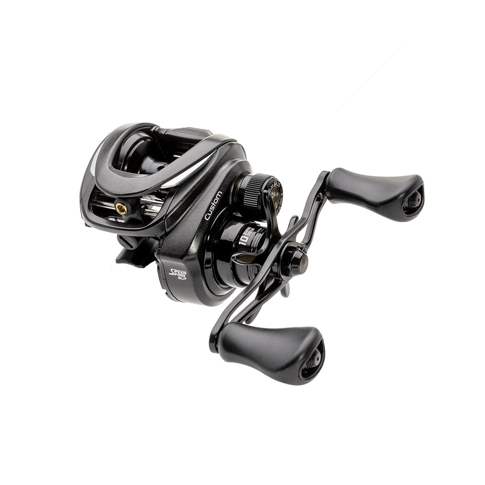 A Lew's Custom Gen 3 Casting Reel 7.5:1 LH (CU1SHLG3) baitcast reel in black with dual handles and a compact, modern design, displayed on a white background.