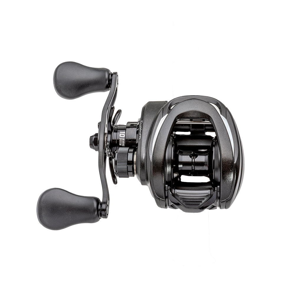 A black Lew's Custom Gen 3 Casting Reel 7.5:1 LH (CU1SHLG3) with dual ergonomic handles, shown from above on a white background.