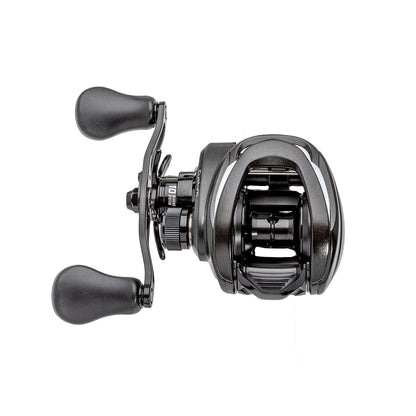 A black Lew's Custom Gen 3 Casting Reel 7.5:1 LH (CU1SHLG3) with dual ergonomic handles, shown from above on a white background.