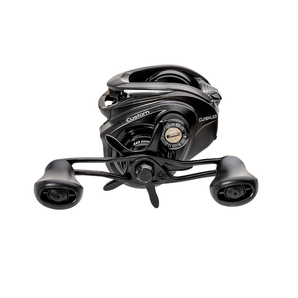 The Lew's Custom Gen 3 Casting Reel 7.5:1 LH (CU1SHLG3) is shown in black with dual handles on a white background, featuring labeled settings, the advanced ParaMag RX Braking System, and a sleek modern design.
