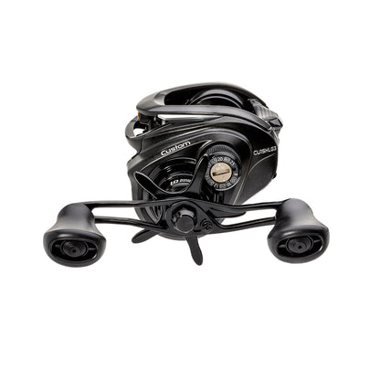 The Lew's Custom Gen 3 Casting Reel 7.5:1 LH (CU1SHLG3) is shown in black with dual handles on a white background, featuring labeled settings, the advanced ParaMag RX Braking System, and a sleek modern design.