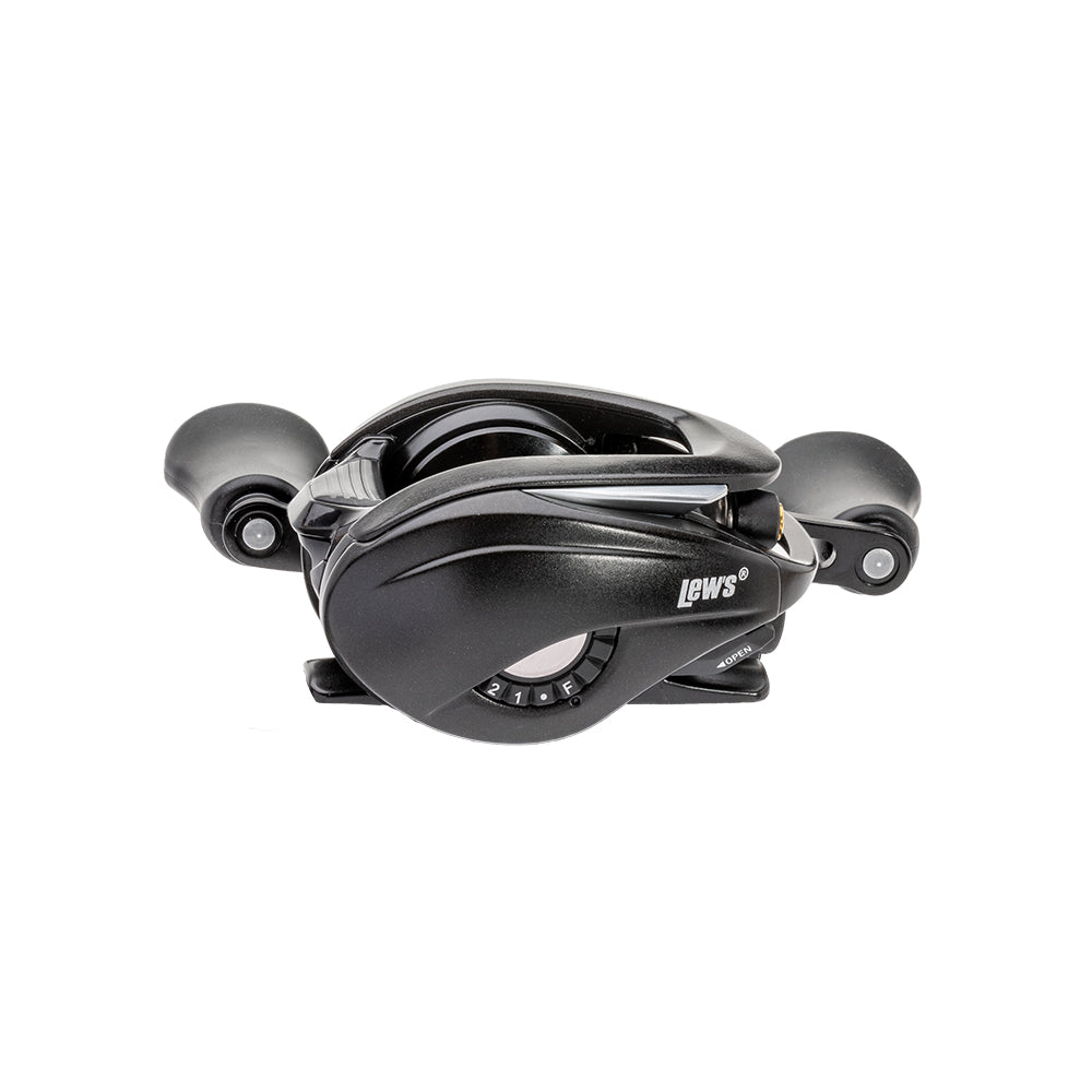 A sleek black Lew's Custom Gen 3 Casting Reel 7.5:1 LH (CU1SHLG3) with dual handles, white branding, and an advanced ParaMag RX Braking System is shown against a plain white background.