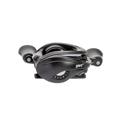 A sleek black Lew's Custom Gen 3 Casting Reel 7.5:1 LH (CU1SHLG3) with dual handles, white branding, and an advanced ParaMag RX Braking System is shown against a plain white background.