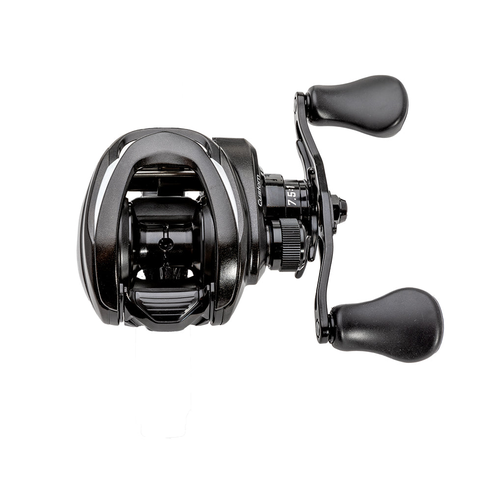 A Lew's Custom Gen 3 Casting Reel 8.3:1 RH (CU1XHG3) baitcast reel in black with two ergonomic handles, shown from above on a white background.