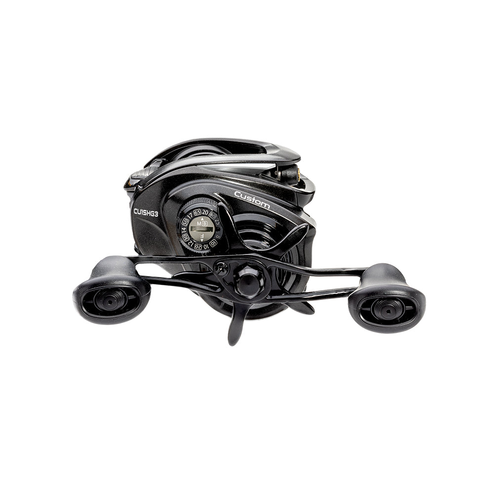 A Lew's Custom Gen 3 Casting Reel 8.3:1 RH (CU1XHG3) in black, featuring dual handles, a compact modern design, and the advanced ParaMag RX Braking System, shown on a white background.