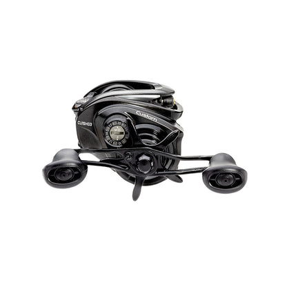 A Lew's Custom Gen 3 Casting Reel 8.3:1 RH (CU1XHG3) in black, featuring dual handles, a compact modern design, and the advanced ParaMag RX Braking System, shown on a white background.