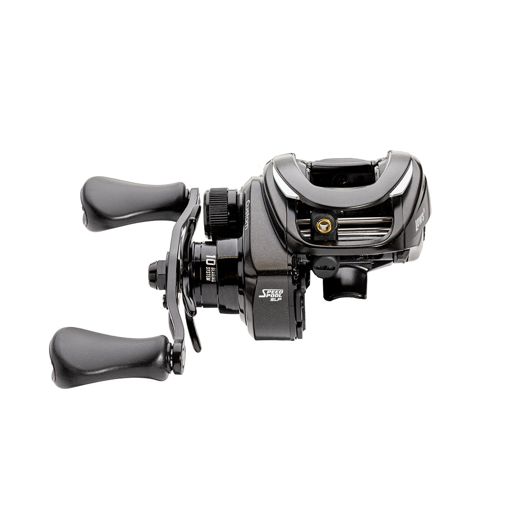 The Lew's Custom Gen 3 Casting Reel 8.3:1 RH (CU1XHG3) is a black baitcast reel with two ergonomic handles, a spool, tension knob, and ParaMag RX Braking System dial, shown side view on white background.