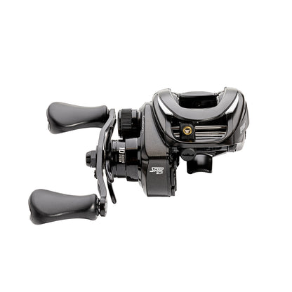 The Lew's Custom Gen 3 Casting Reel 8.3:1 RH (CU1XHG3) is a black baitcast reel with two ergonomic handles, a spool, tension knob, and ParaMag RX Braking System dial, shown side view on white background.