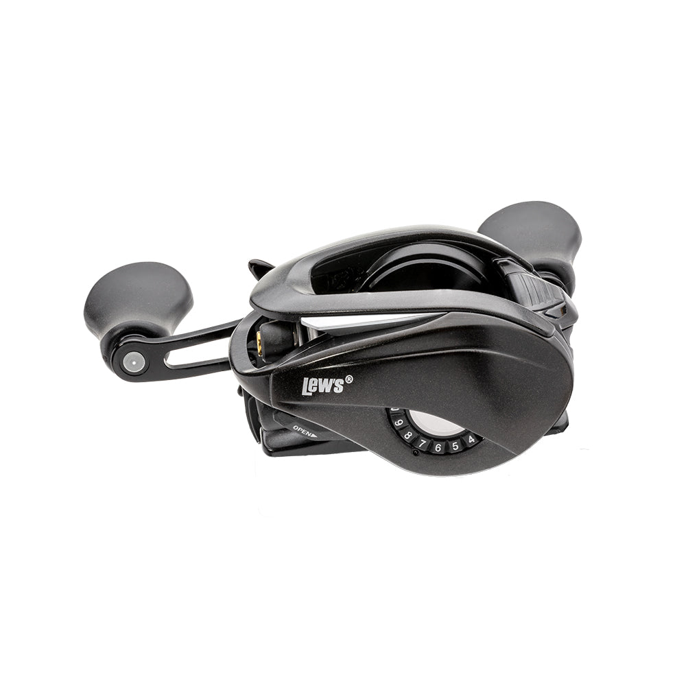 A Lew's Custom Gen 3 Casting Reel 8.3:1 RH (CU1XHG3) in black, featuring dual handles, a tension knob, ergonomic design, and ParaMag RX Braking System is shown against a white background.