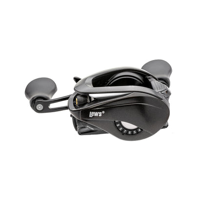 A Lew's Custom Gen 3 Casting Reel 8.3:1 RH (CU1XHG3) in black, featuring dual handles, a tension knob, ergonomic design, and ParaMag RX Braking System is shown against a white background.