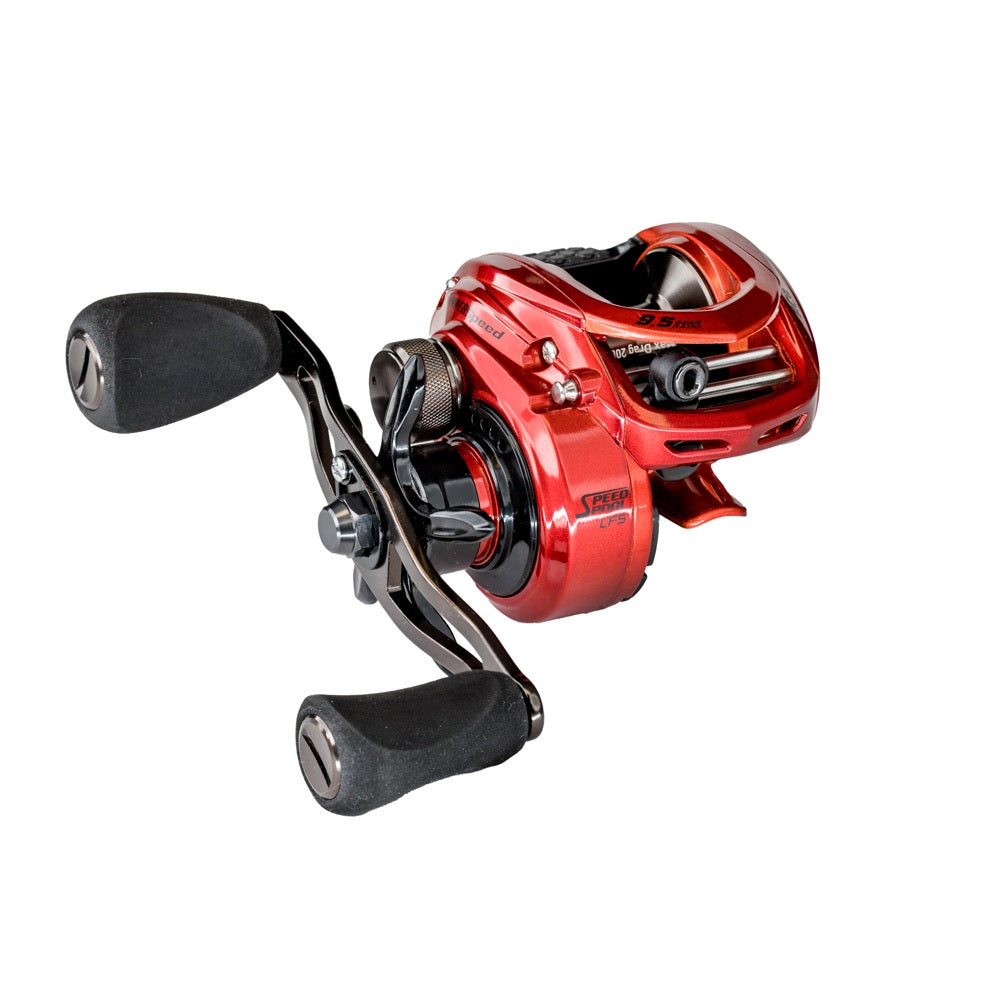 The Lew's Hyperspeed LFS Casting Reel 9.5:1 RH (HS1-9.5) by Lew's is shown in red and black with a metallic frame, two ergonomic black handles, and a 9.5:1 gear ratio against a white background.