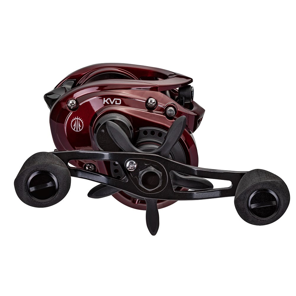 A Lew's KVD LFS Series Casting Reel 6.2:1 Right Hand (KVD1H) in maroon and black with dual handles and "KVD" on the side is shown against a white background.