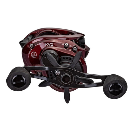The Lew's KVD LFS Series Casting Reel 8.3:1 Right Hand (KVD1XH) features a maroon and black design, dual handles, compact build, and the "KVD" label for a modern look.