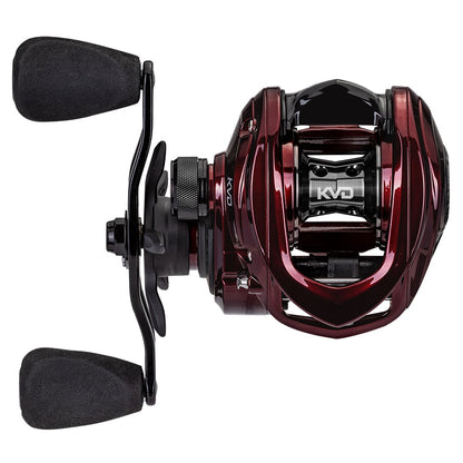 A Lew's KVD LFS Series Casting Reel 7.5:1 Right Hand (KVD1SH) in red and black has two large padded handles, “KVD” on the spool, and a durable aluminum frame, shown from the top view.