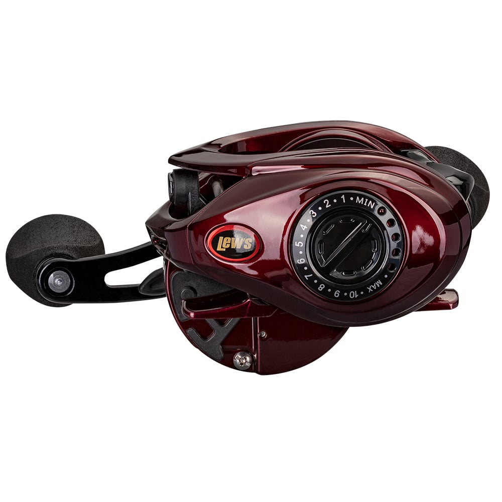 The Lew's KVD LFS Series Casting Reel 7.5:1 Right Hand (KVD1SH) features a maroon aluminum frame, black handles, an adjustment dial, and Speed Gears®, shown on a white background.
